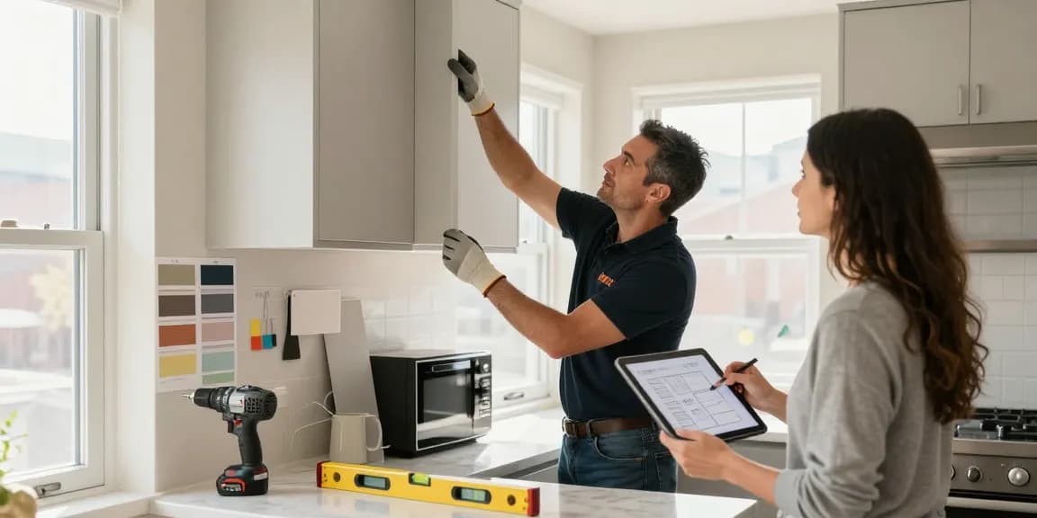 Renovation contractor toronto remodeling a modern kitchen with homeowners present.