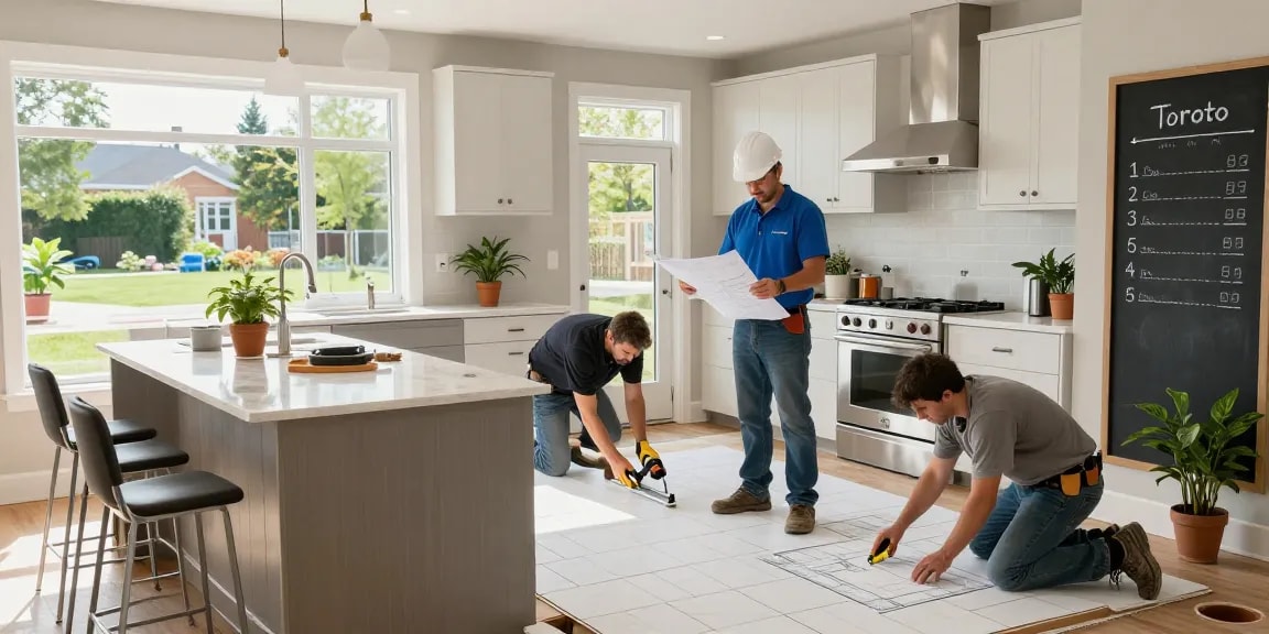 Skilled renovation contractor in Toronto supervising kitchen renovation project with team workers and stylish new design elements.