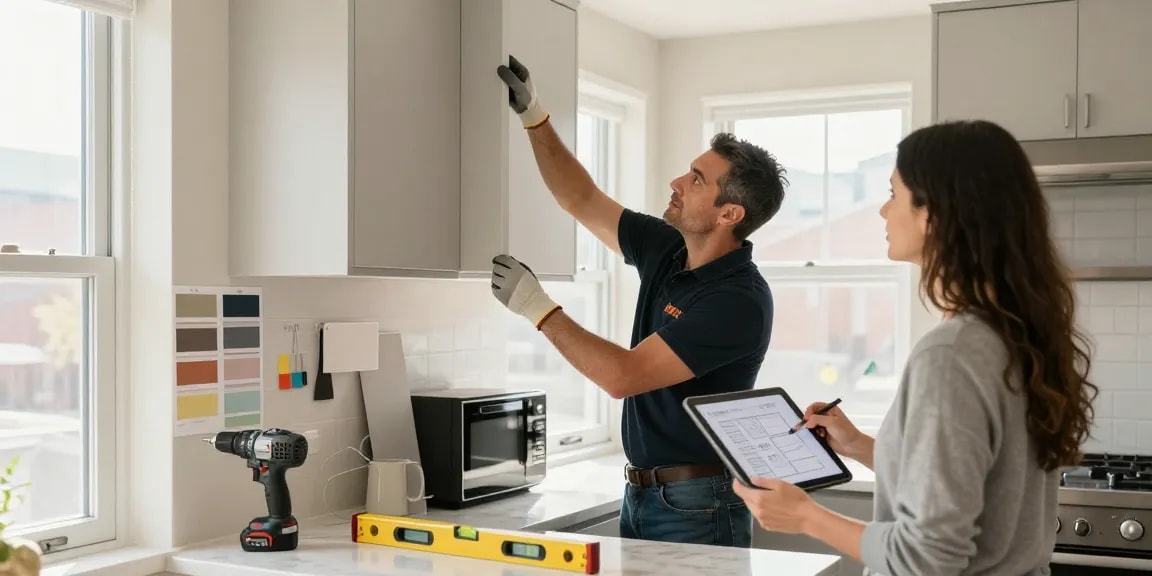 Renovation contractor toronto remodeling a modern kitchen with homeowners present.