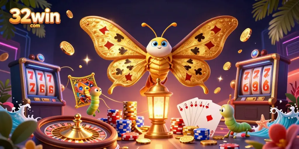 Experience the excitement of 32win com with a vibrant 3D illustration highlighting enchanting casino elements.