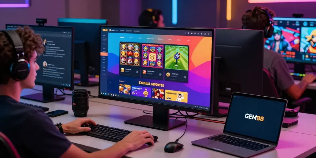 Engaged players exploring GEM88's vibrant online gaming platform with live betting and slot games.