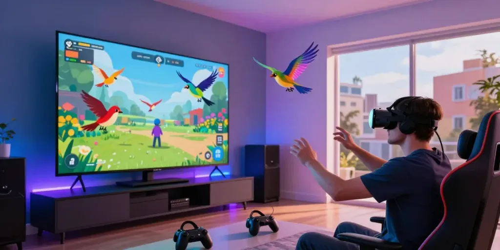 Engaging ROKOK88 login in a virtual reality gaming room with dynamic visuals.