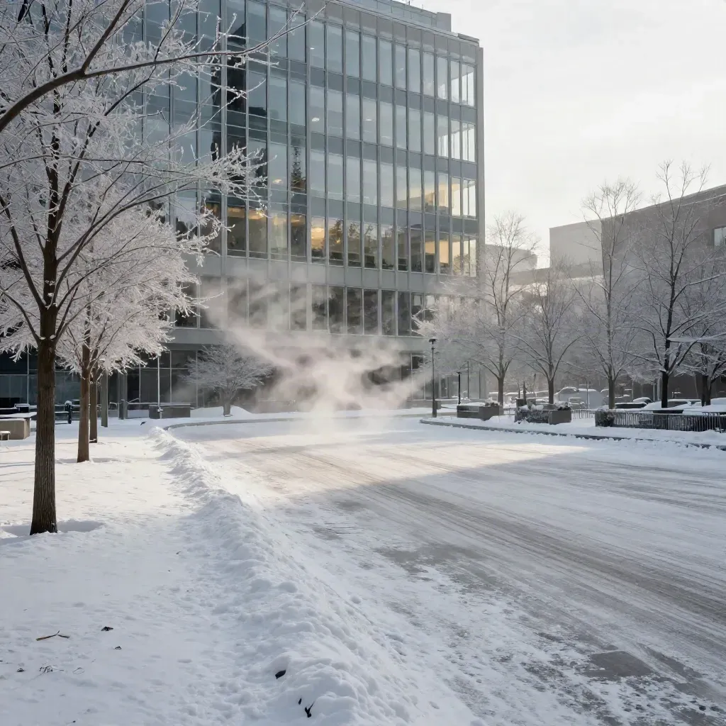 Snowy Ottawa federal plaza at dawn beside a glowing glass office block