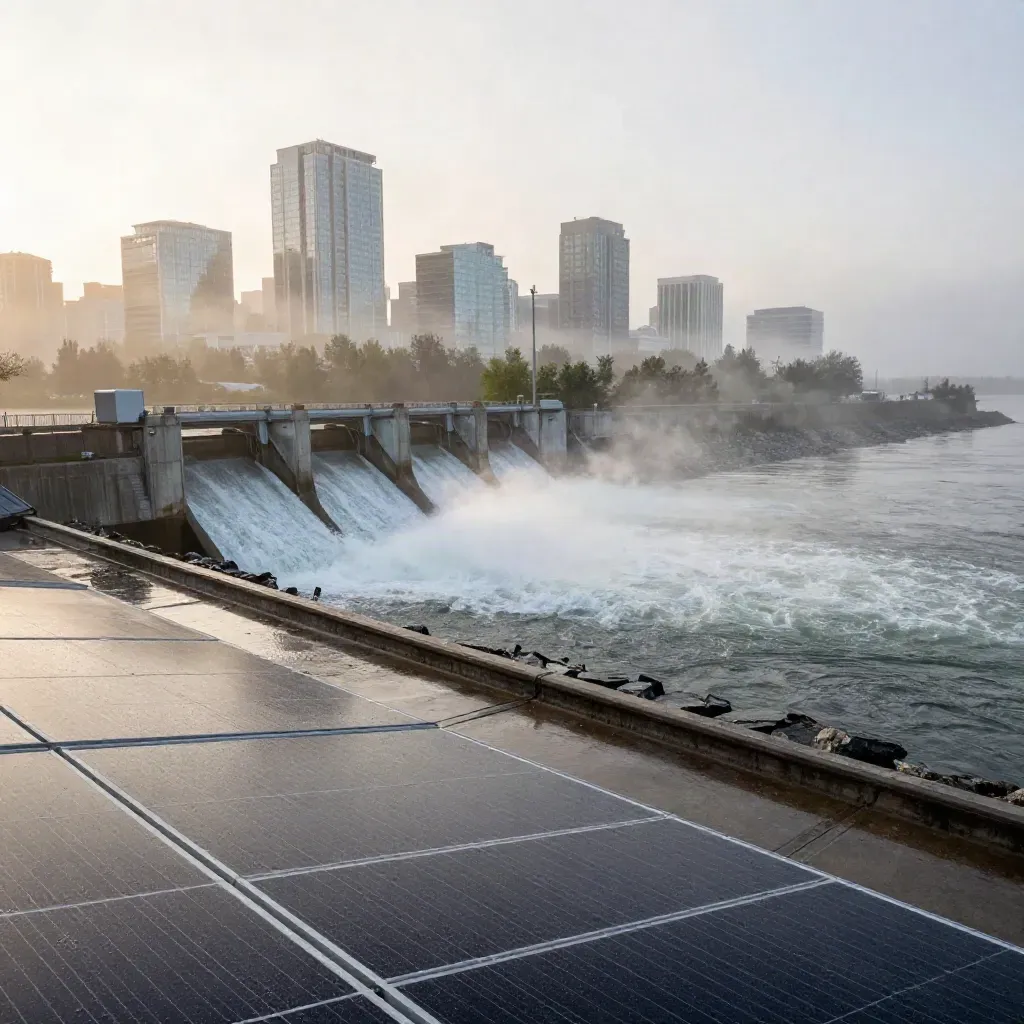 Solar rooftops, hydro spillway and misty skyline at dawn over a Canadian river.