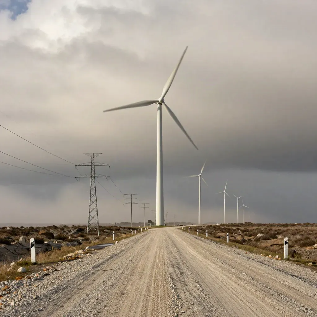 Wind farm and transmission corridor under heavy cloud, viewed from a gravel access road.