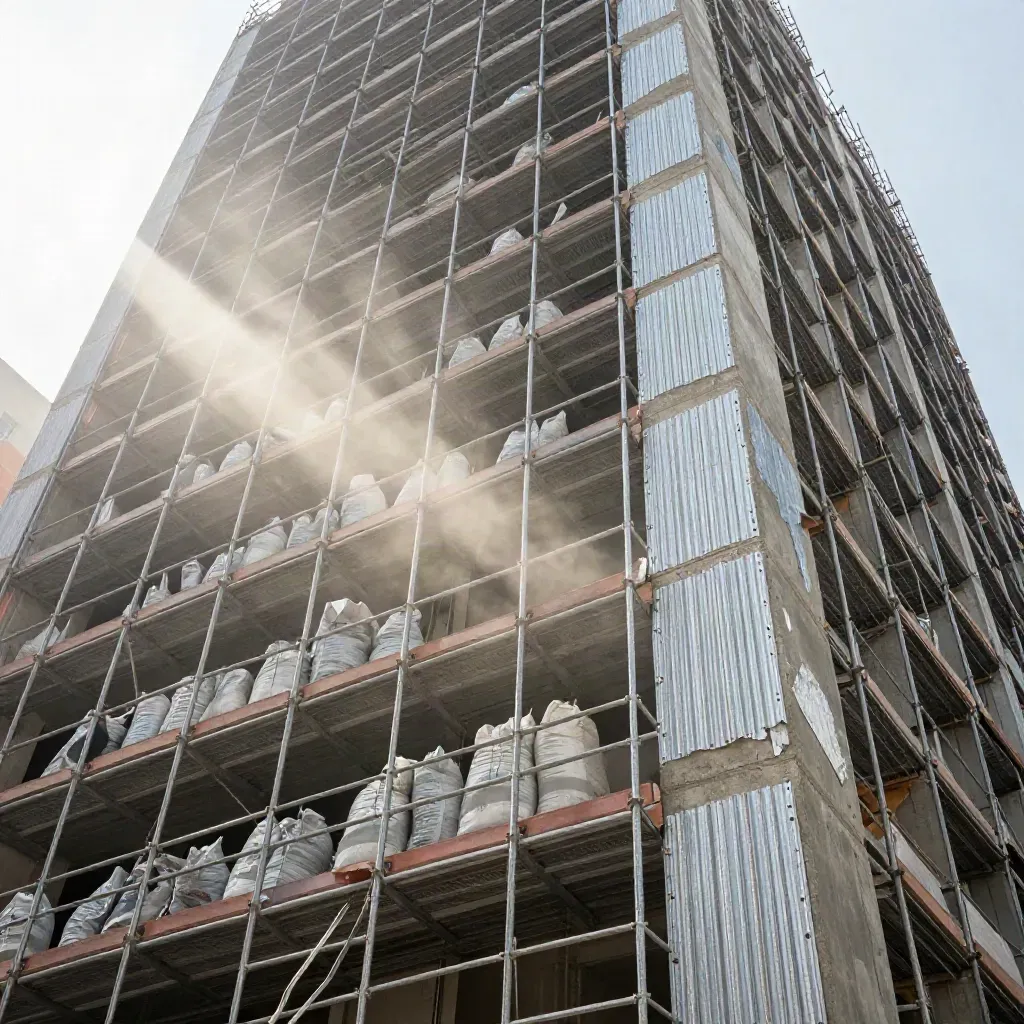 Retrofit office tower wrapped in scaffolding, dust lifting through sunlit panels