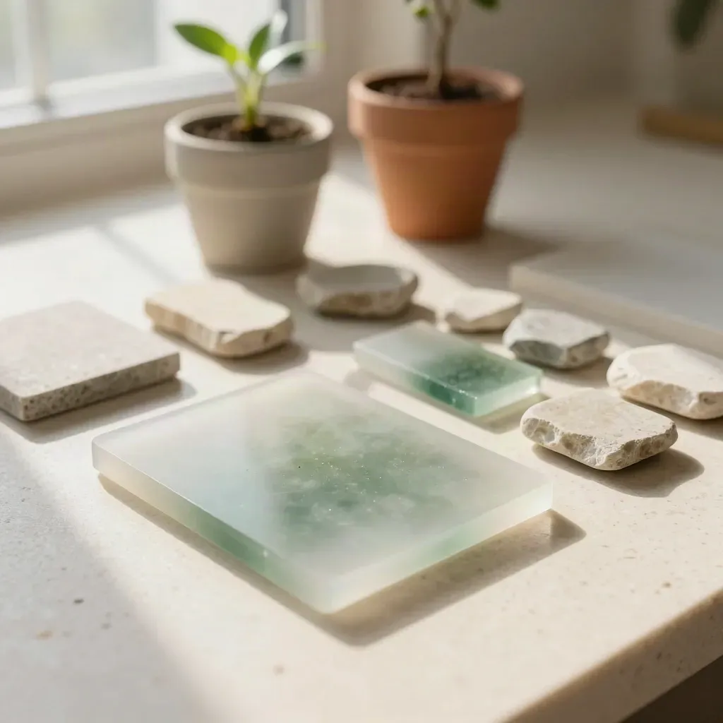 Translucent samples, plant cutting, and stone pieces in warm morning light.