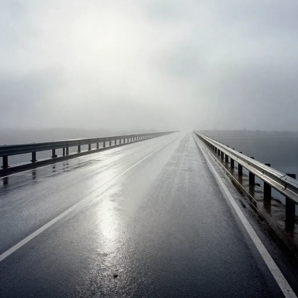 Wet twin-lane bridge approach under a slate sky with a thin strip of light.