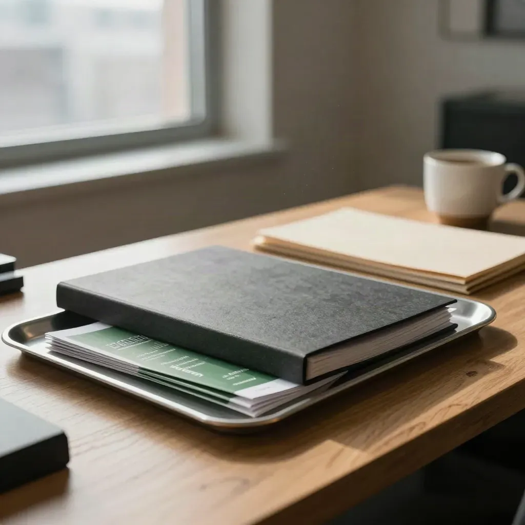 Charcoal folders, skyline model, and coffee cup by a bright office window.