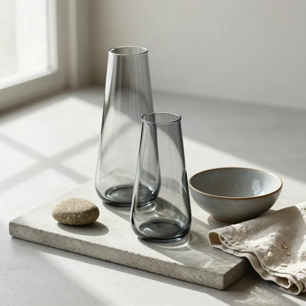 Two glass vessels, stone token, cloth and ceramic bowl on a concrete tray.