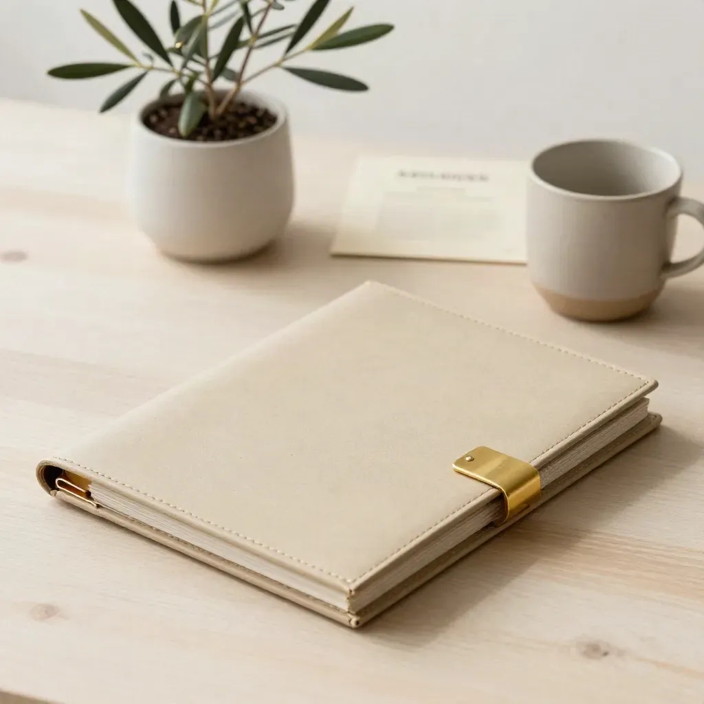 Accordion folio with brass clip, potted plant and ceramic cup on pale wood in soft daylight