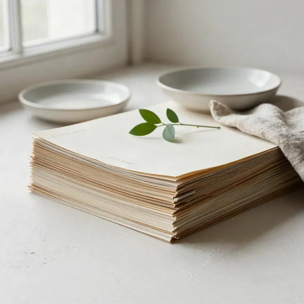Recycled-paper report stack with linen, dish, and greenery on a pale plaster surface.