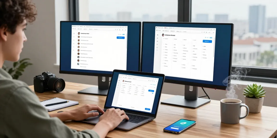 Using Telegram Web Version on a laptop in a modern workspace with dual monitors and a city view.