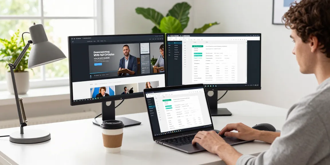 WPS Download in a productive workspace, showcasing software on dual screens and a stylish laptop setup.