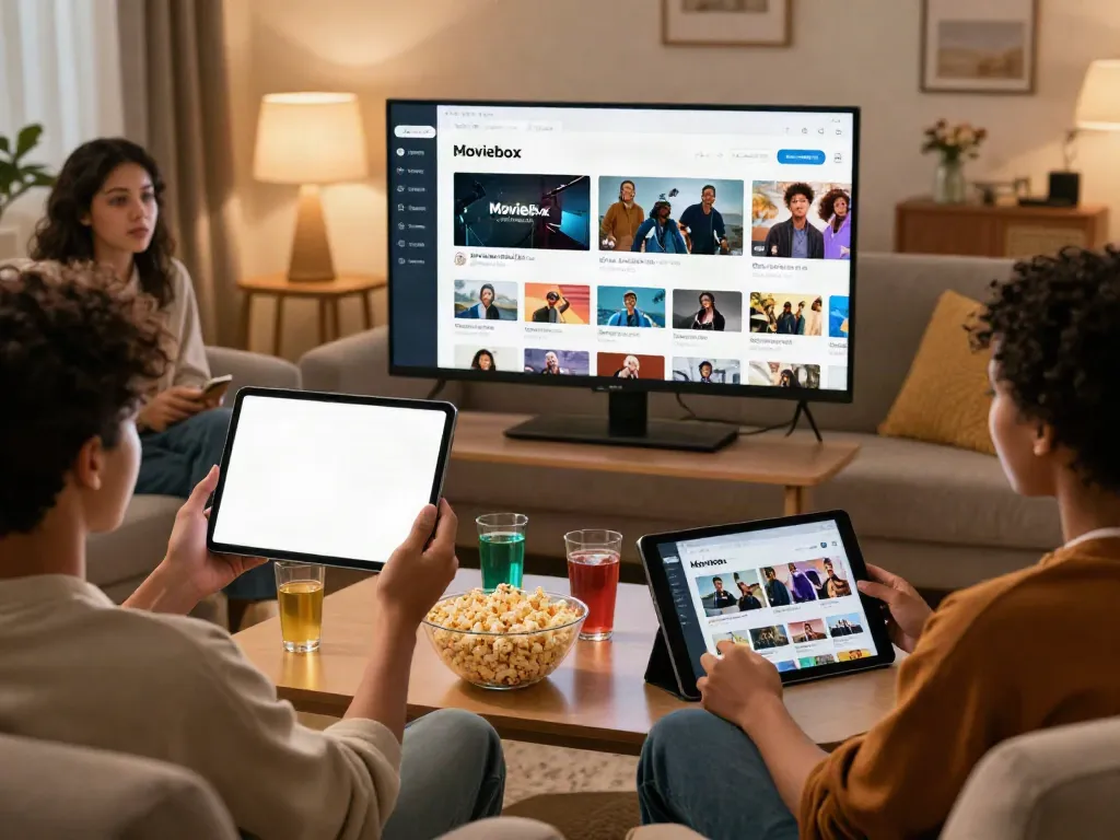 The Moviebox app interface displayed on devices in a cozy living room with friends enjoying mobile streaming from https://moviesbox.net.co/.