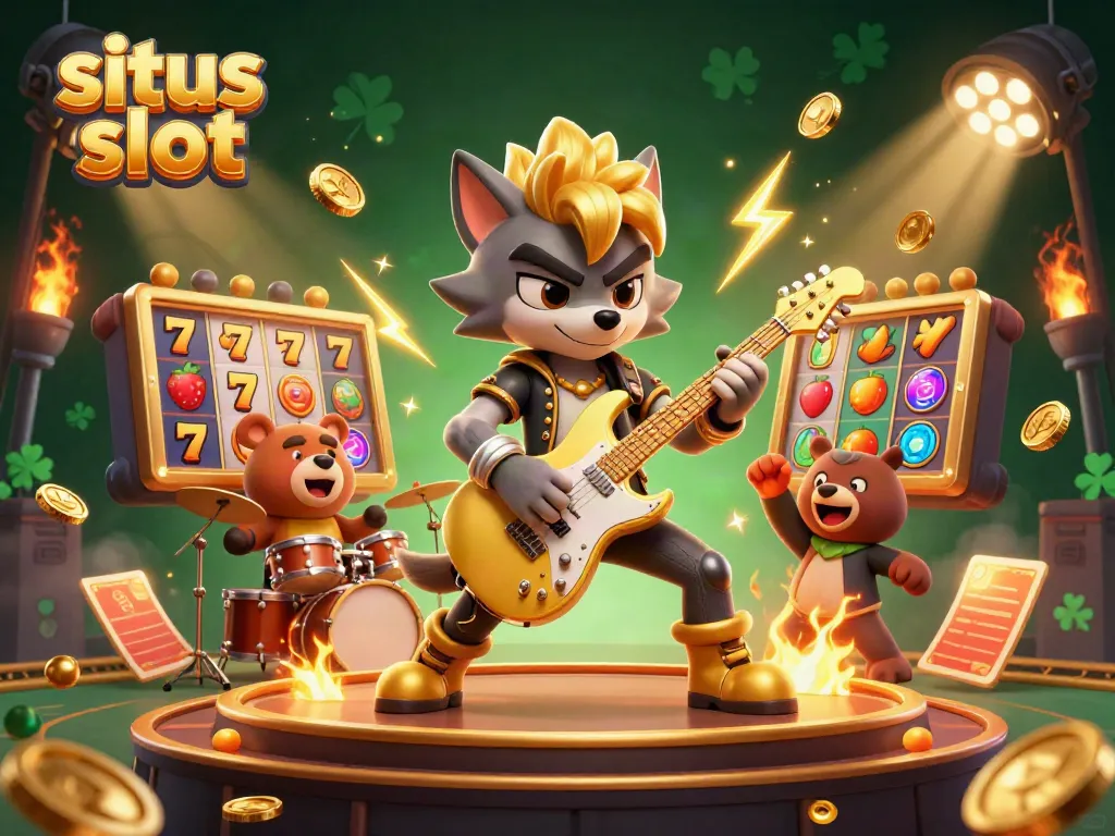 Experience the thrill of situs slot gaming with a rock star wolf, animated characters, and dynamic casino elements.