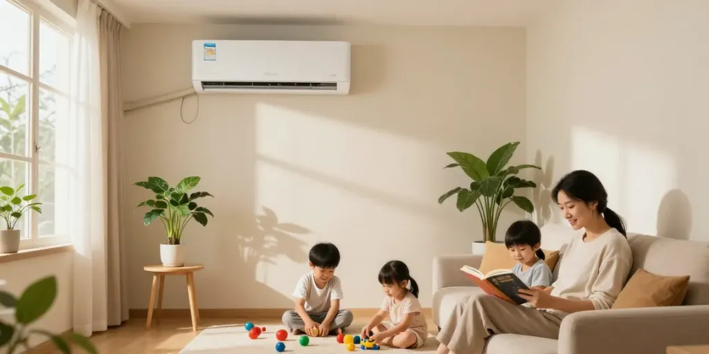 Comfortable living room with a split ac unit cooling a family enjoying their afternoon together.