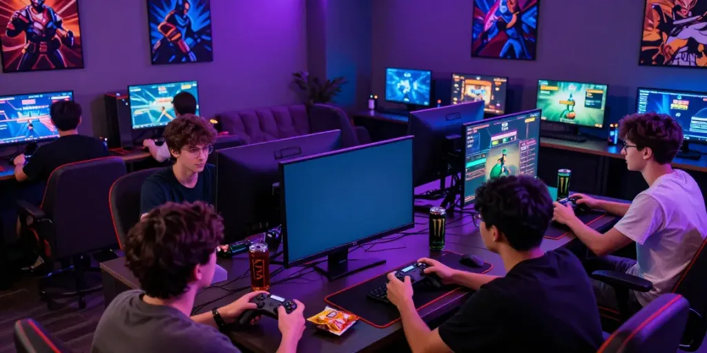 Friends enjoying rokok88 rtp gaming in a vibrant lounge.