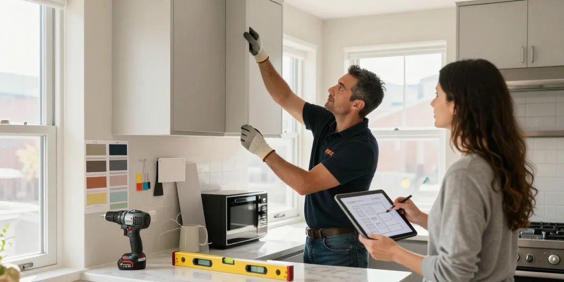 Renovation contractor toronto remodeling a modern kitchen with homeowners present.