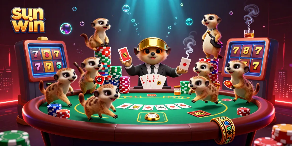 Experience the excitement of sun win with meerkats managing a lively casino scene full of vibrant action.