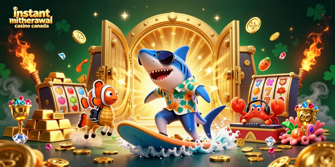 Experience the thrill of instant withdrawal casino Canada with shark surfing on gold coins and colorful game elements.