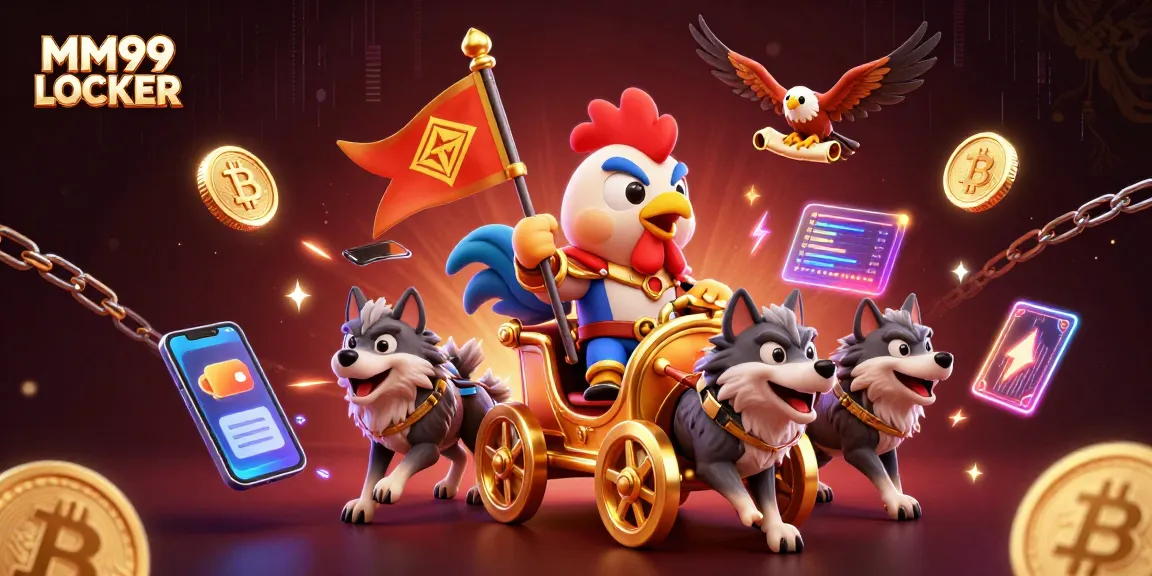 Engage with MM99 LOCKER's thrilling casino experience with a rooster warlord and cryptocurrency elements.